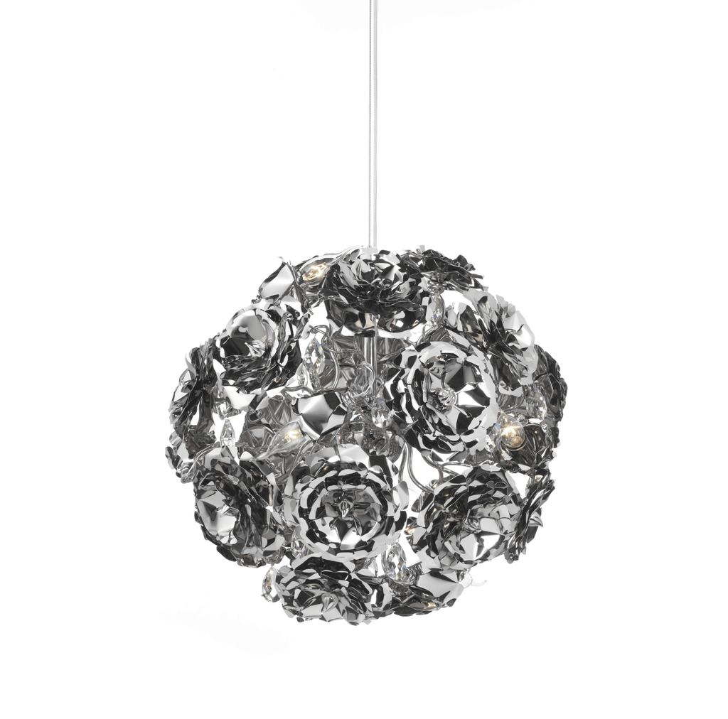 Chrome-plated chandelier with flower-shaped reflective elements, perfect as a stylish hanging lamp