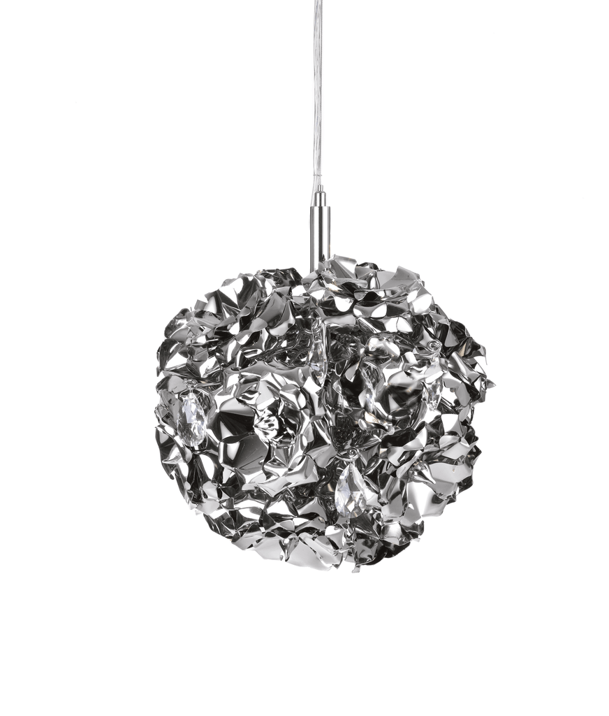 Modern silver-toned spherical hanging lamp with crumpled faceted design for stylish illumination