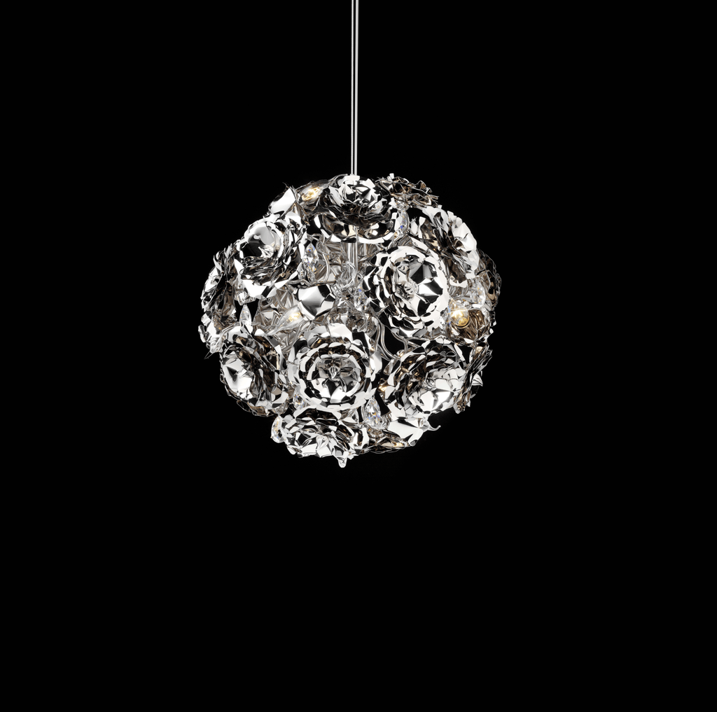 Silver-toned spherical hanging lamp with reflective rose-shaped elements for elegant decor