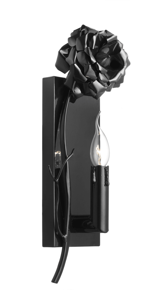 Black floral wall lamp with a candle-style bulb for elegant home decor