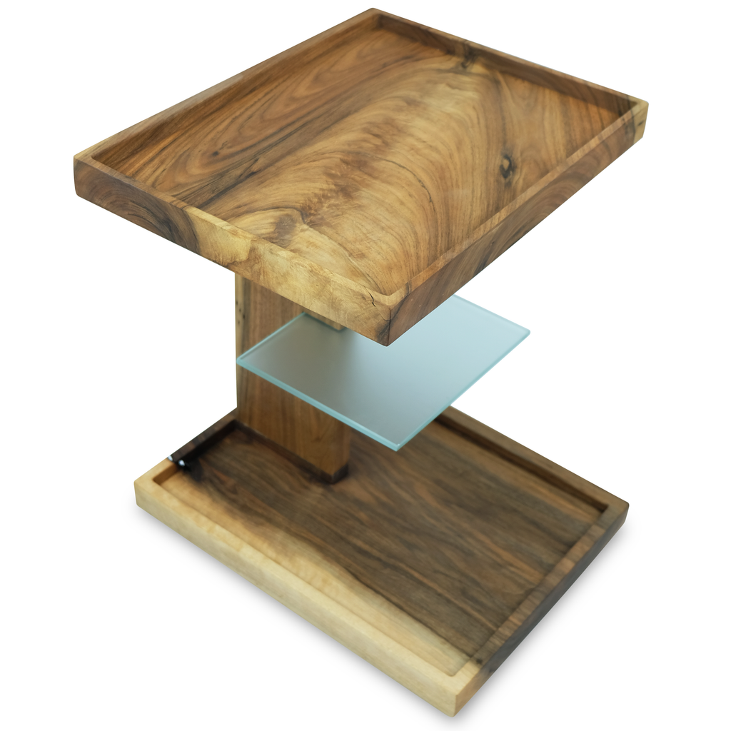 Lucera Side Table featuring a multi-tiered wooden design with a glass shelf