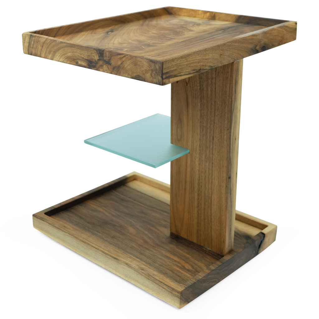 Lucera Walnut Wood Side Table with modern design and frosted glass shelf