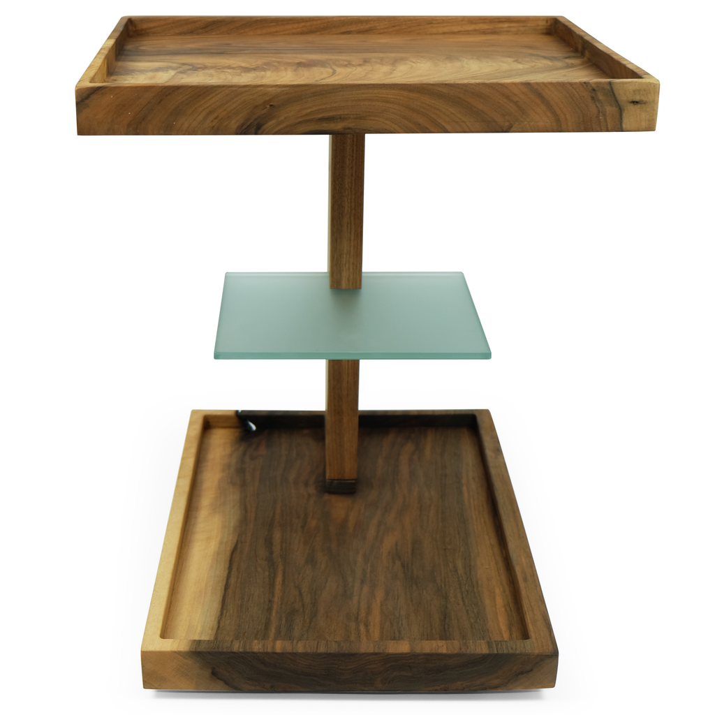 Lucera Walnut Wood Side Table with three-tiered wooden and glass display stand