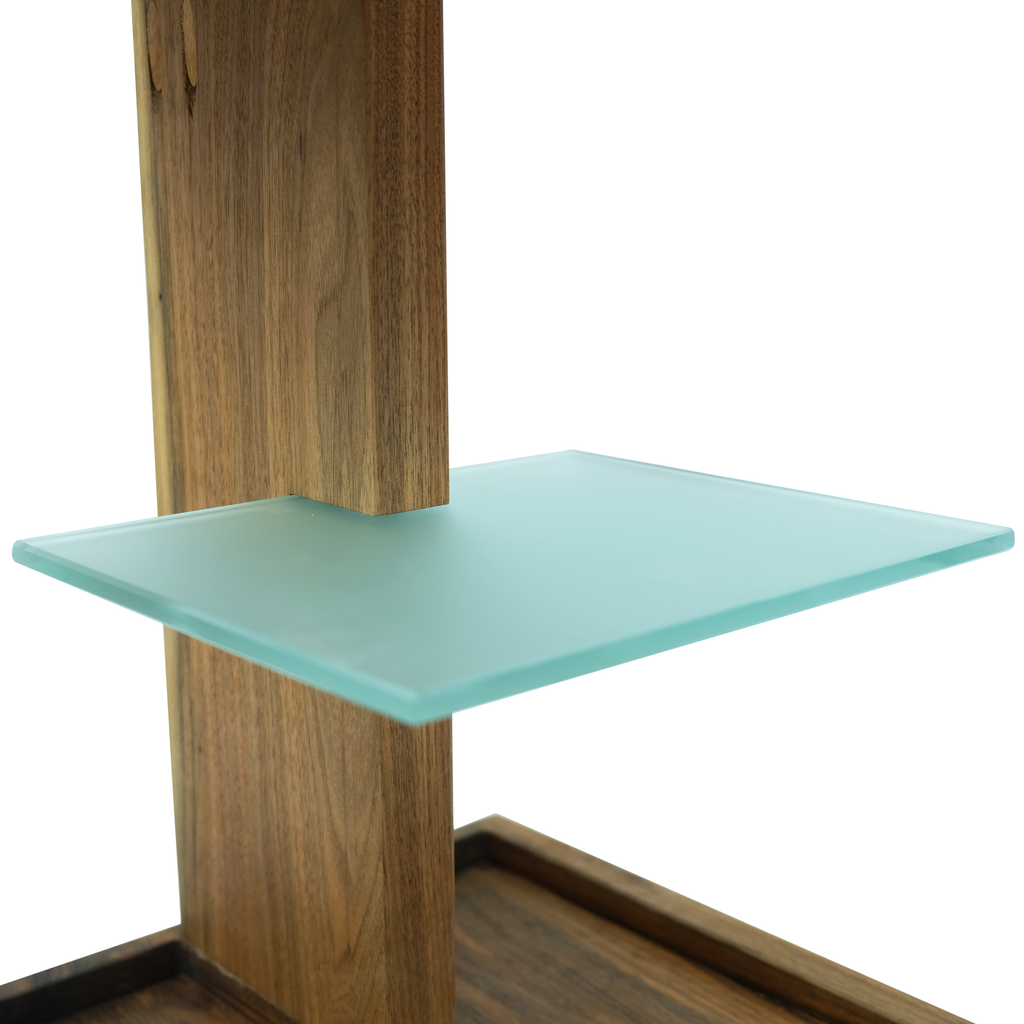 Wooden display unit with light blue frosted glass shelf on Lucera Walnut Wood Side Table