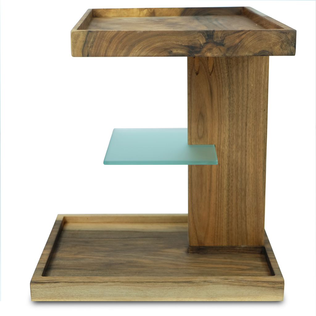 Lucera Walnut Side Table with multi-level wooden design and frosted glass shelf