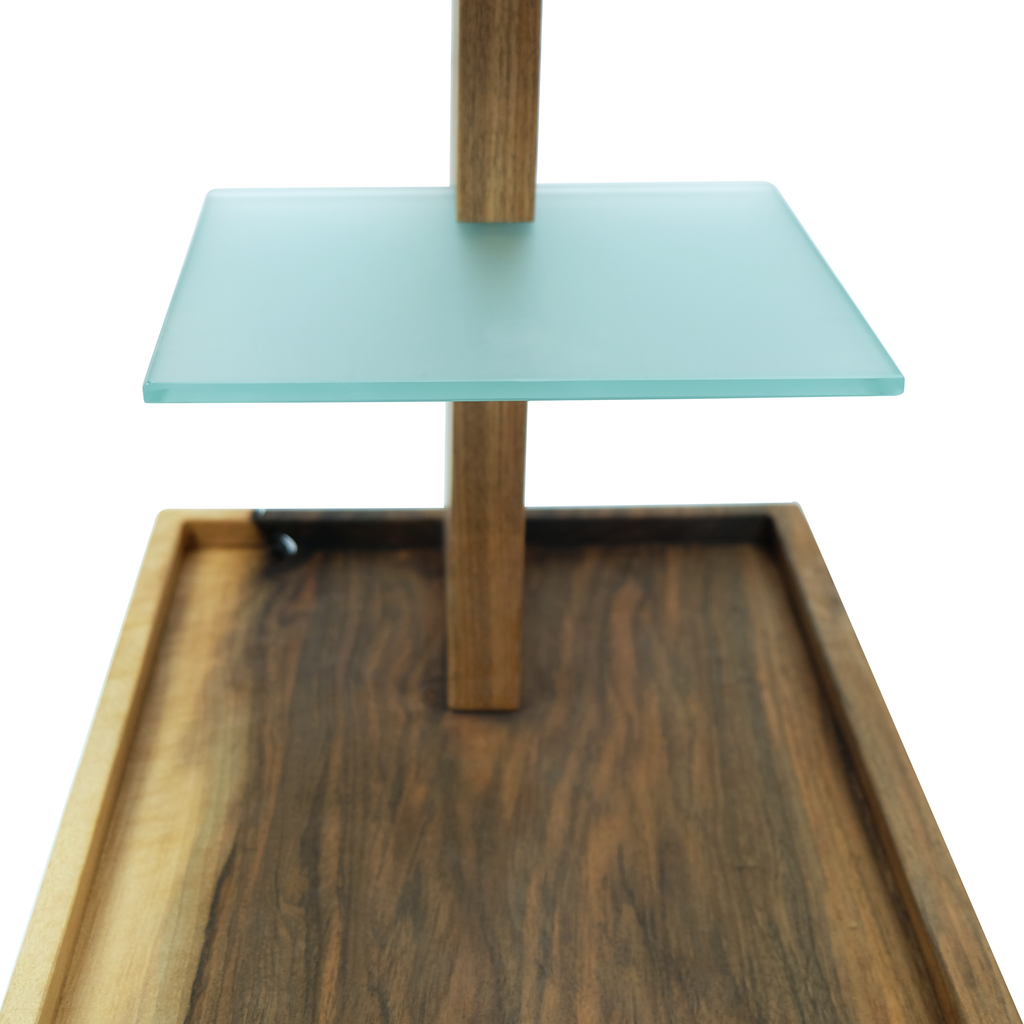 Lucera Walnut Side Table with two-tier display stand featuring walnut wood and frosted glass