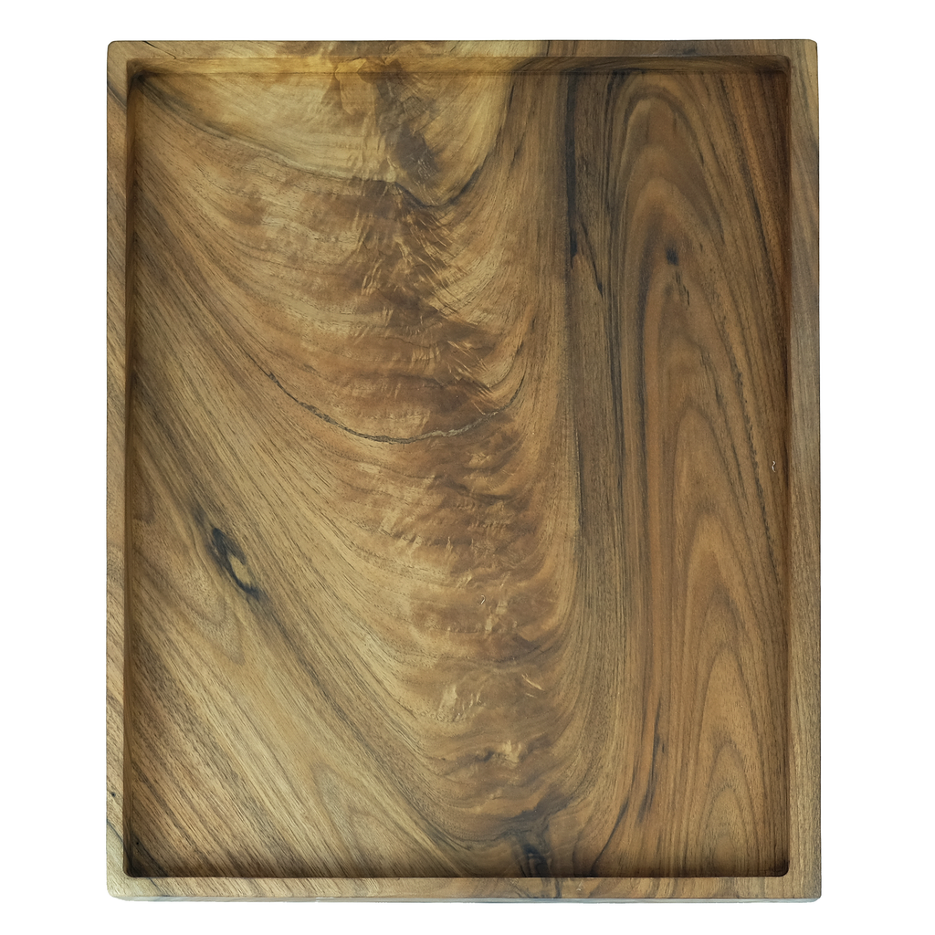 Lucera Walnut Wood Side Table featuring a rectangular tray with raised rim and wood grain