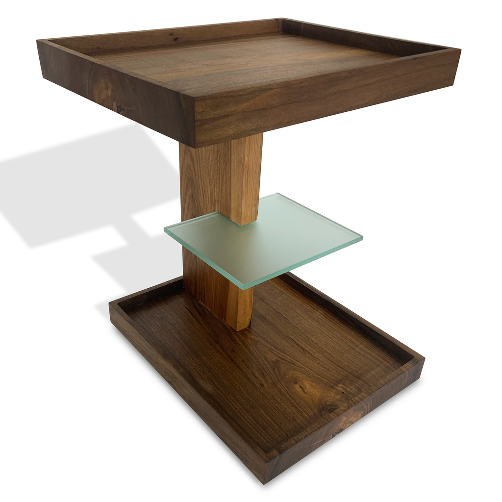 Lucera Walnut Side Table with multi-tiered wooden design and glass shelf