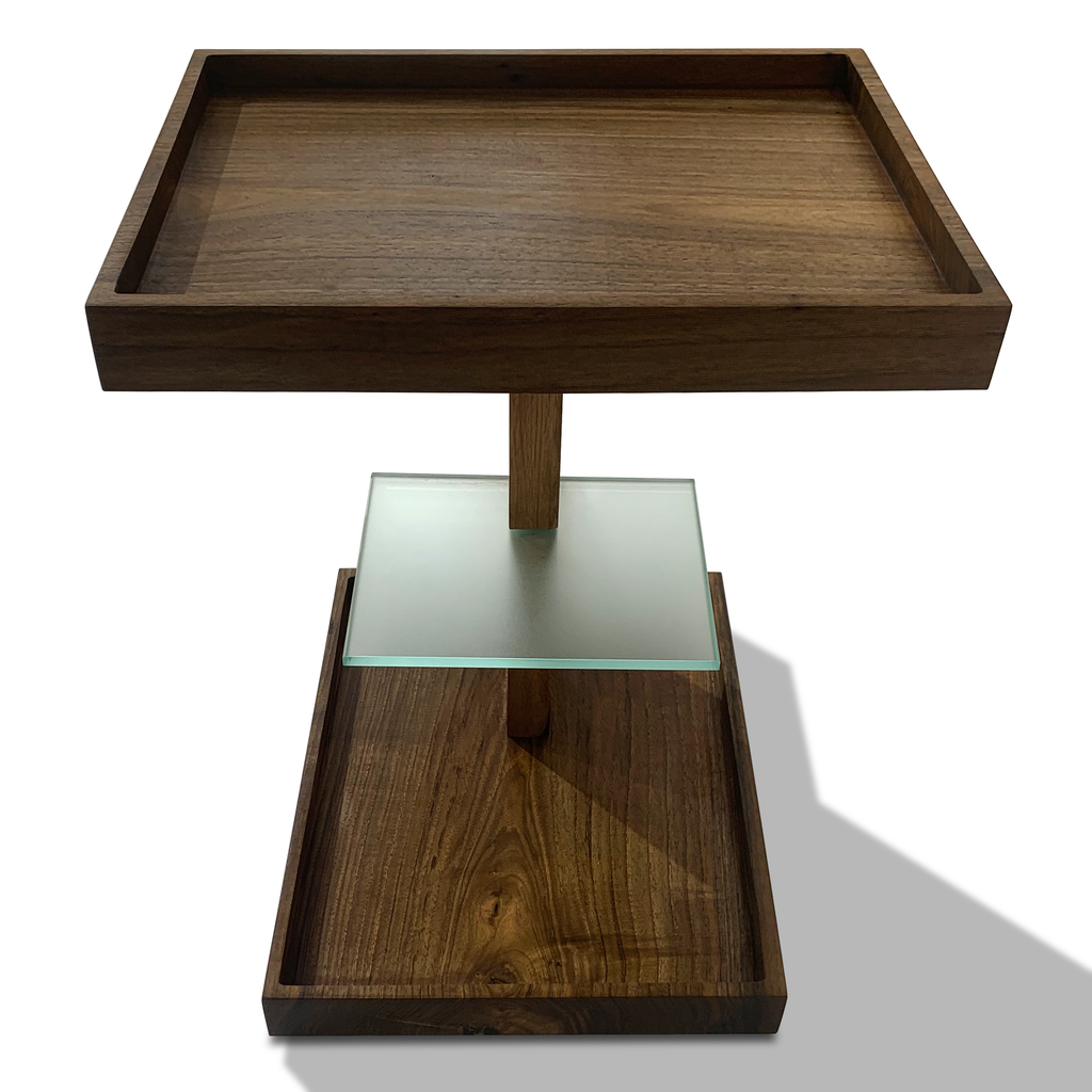 Modern two-tiered walnut wood display stand on Lucera Walnut Side Table