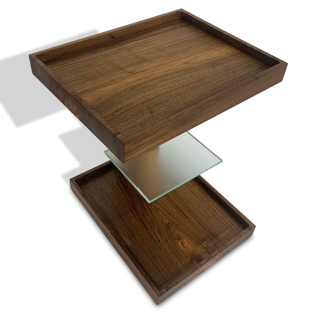 Floating display shelf with walnut wood trays and glass pane in Lucera Walnut Side Table