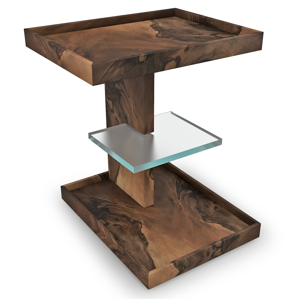 Lucera Walnut Wood Side Table with multi-tiered dark wood finish and glass shelf