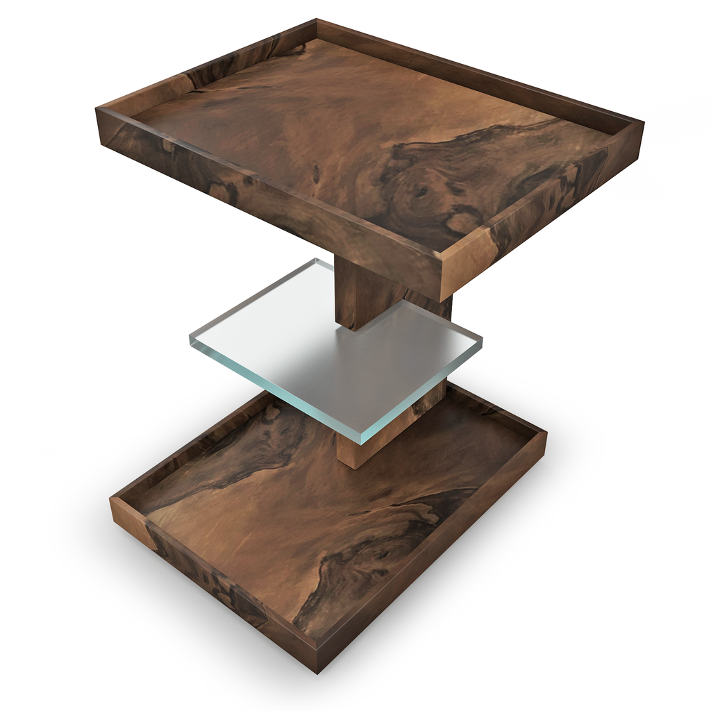 Lucera Walnut Wood Side Table with two-tiered wooden and glass L-shaped shelf