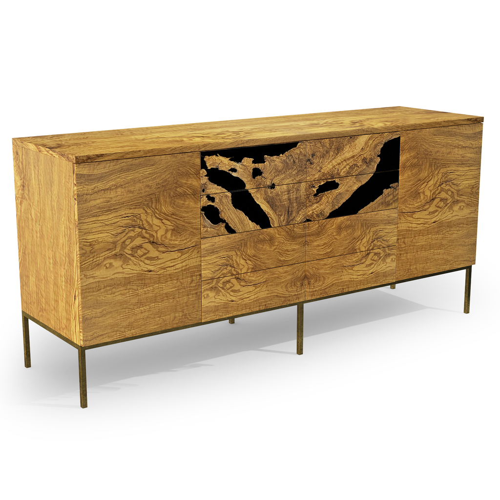 Lykomedes Olive Wood Credenza with black abstract design and metal legs