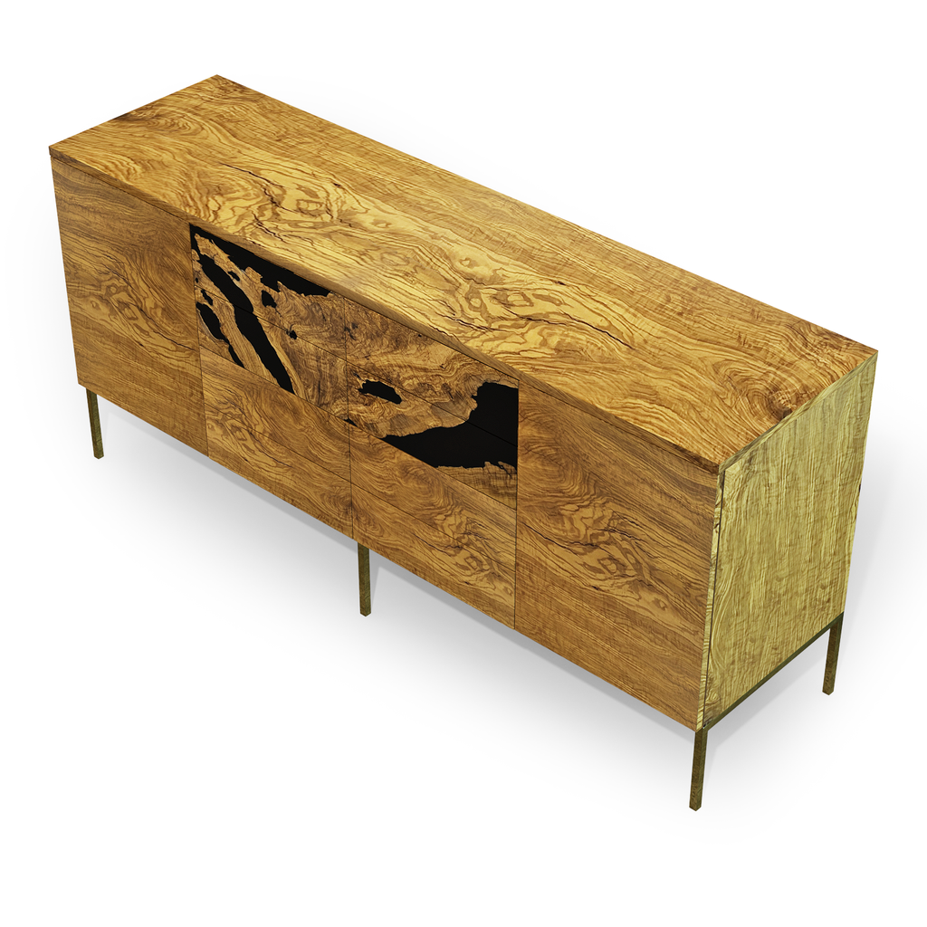 Lykomedes Olive Wood Credenza with organic cutouts and dark interior showcasing wood veneer craftsmanship
