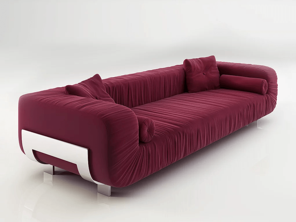 Madera Modern Sofa in burgundy velvet with pleated base and metal legs