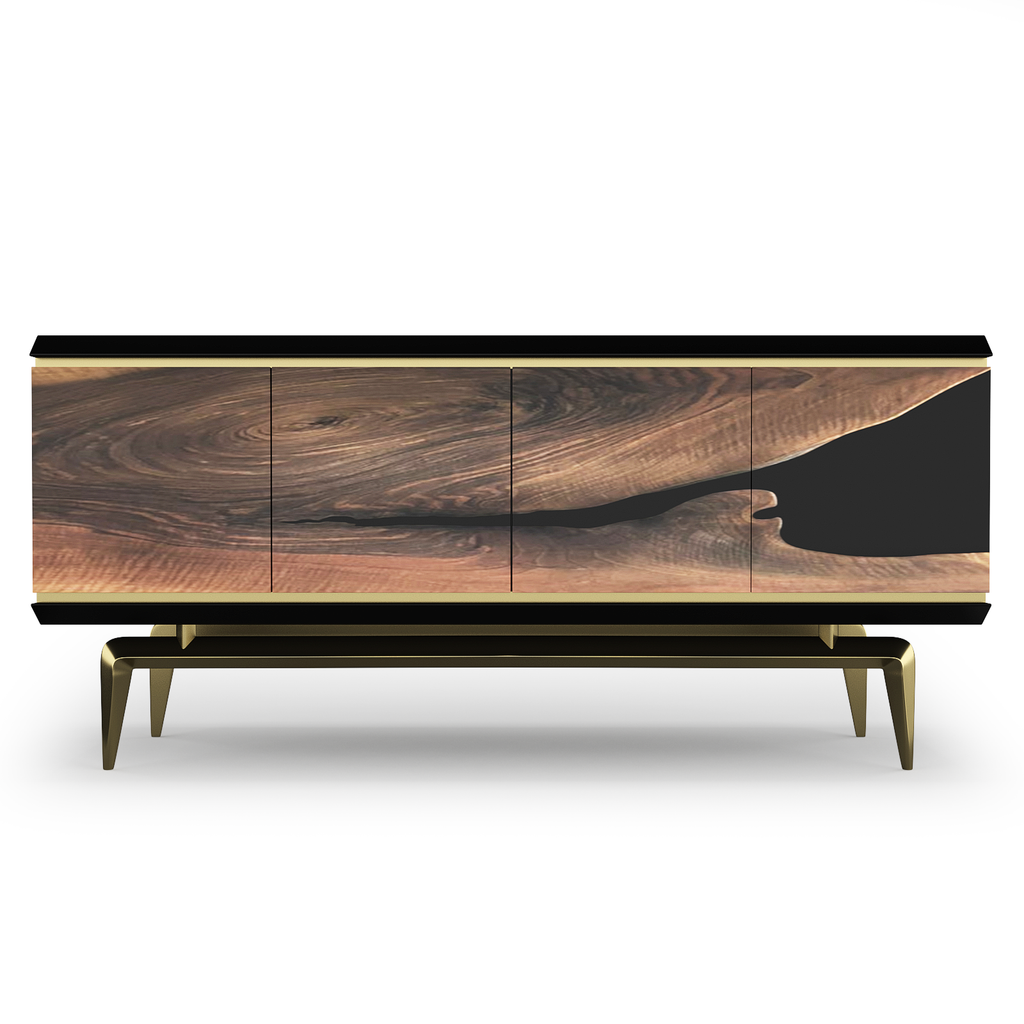 Magnes Walnut Wood Credenza with four live-edge walnut wood doors and black resin river