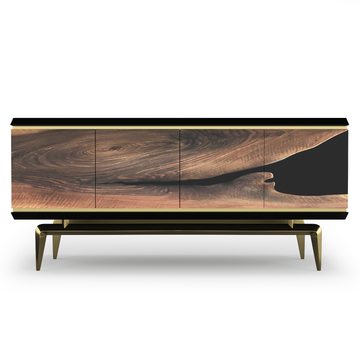 magnes walnut wood credenza, walnut wood credenza, jet black resin credenza, stainless steel credenza, bronze credenza, luxury credenza, modern credenza, contemporary credenza