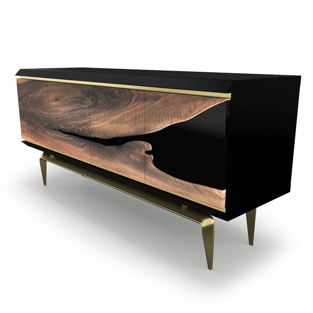 A modern black sideboard with natural wood and resin accents, featuring a gold trim and tapered metal legs.