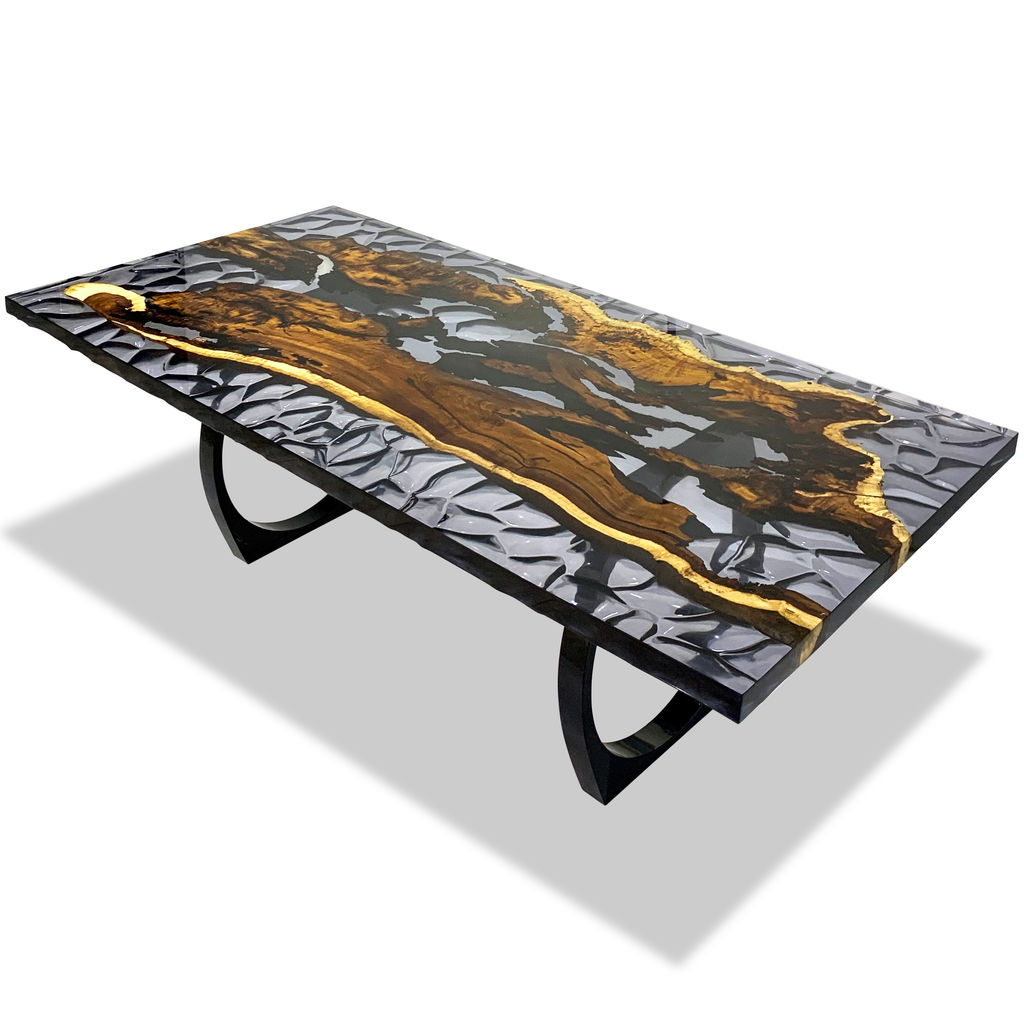 Marpessa Hackberry Wood Dining Table with dark resin top and gold brown wood design