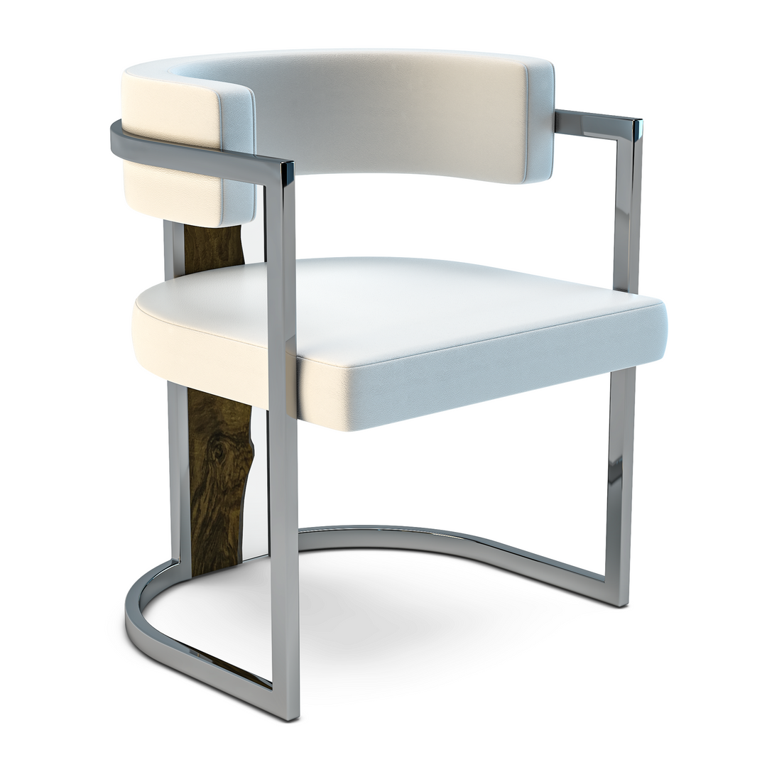 White Matera Dining Chair with curved upholstered seat and chrome frame for modern dining