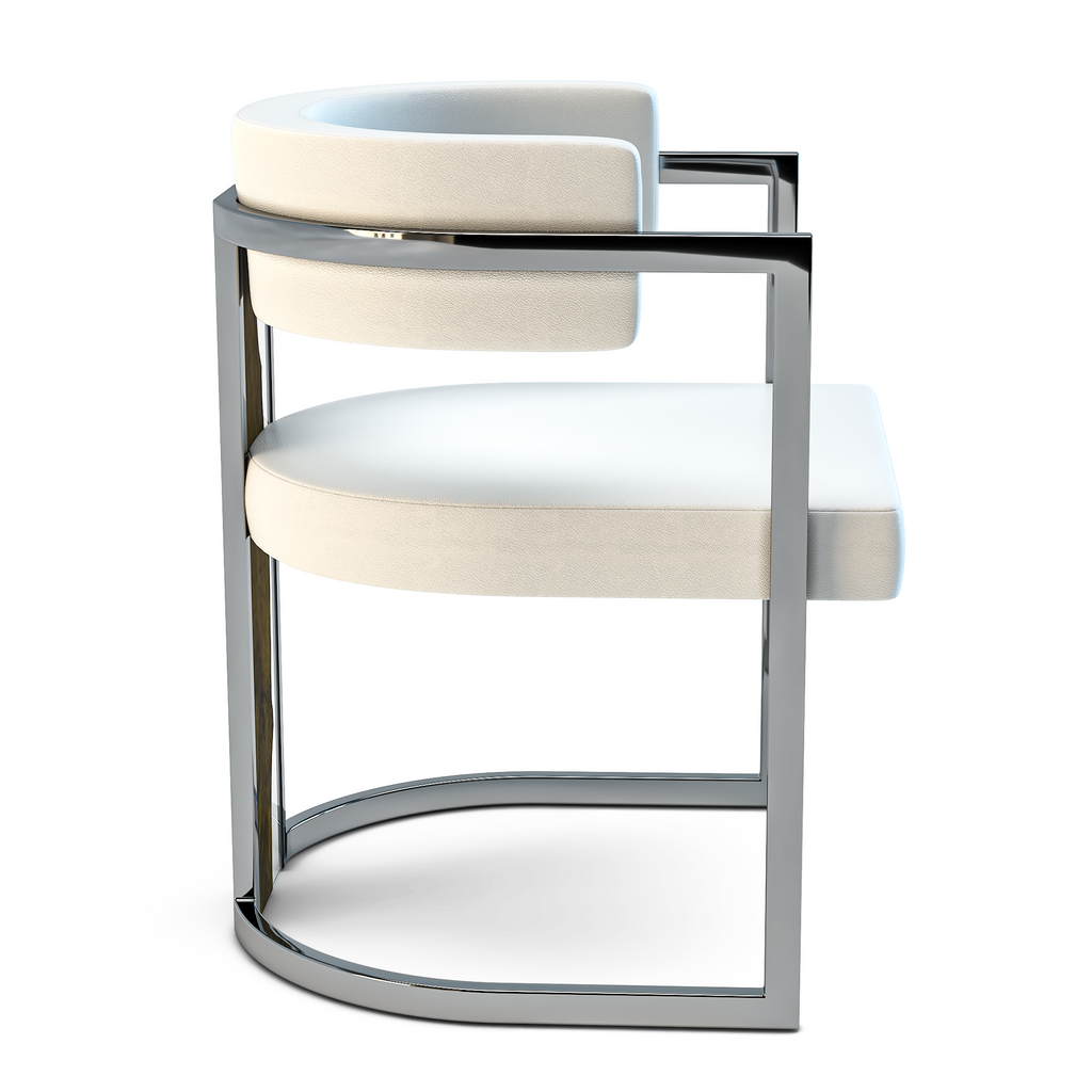 White Matera Dining Chair with white upholstery and chrome metal frame for modern dining spaces