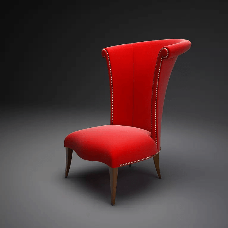 Melrose High Chair with red velvet upholstery, high curved back, and studded trim