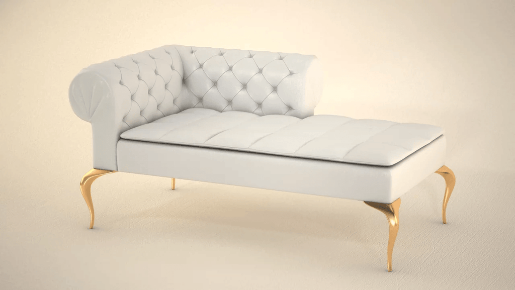 White tufted Menton Modern Chaise lounge with gold ornate legs for stylish comfort