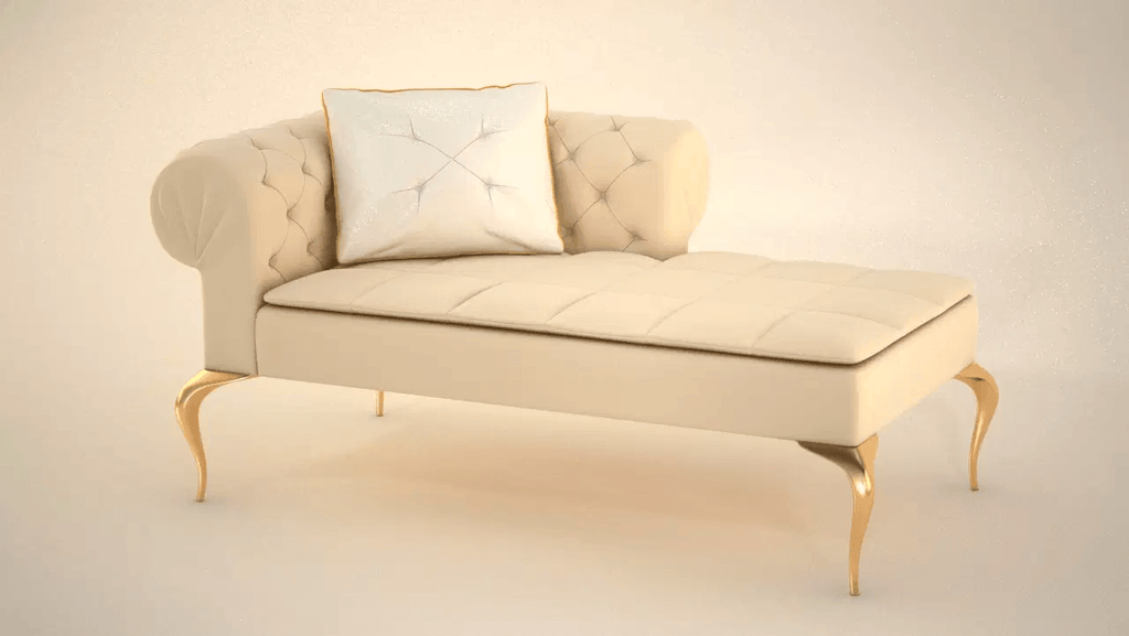 Luxurious cream-colored Menton Modern Chaise with tufted details and gold legs