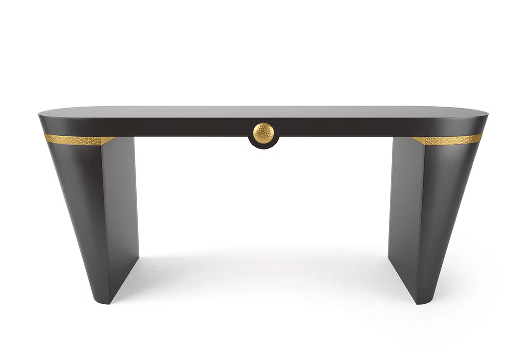 Black Sedona Console with gold accents and decorative gold knob for elegant decor