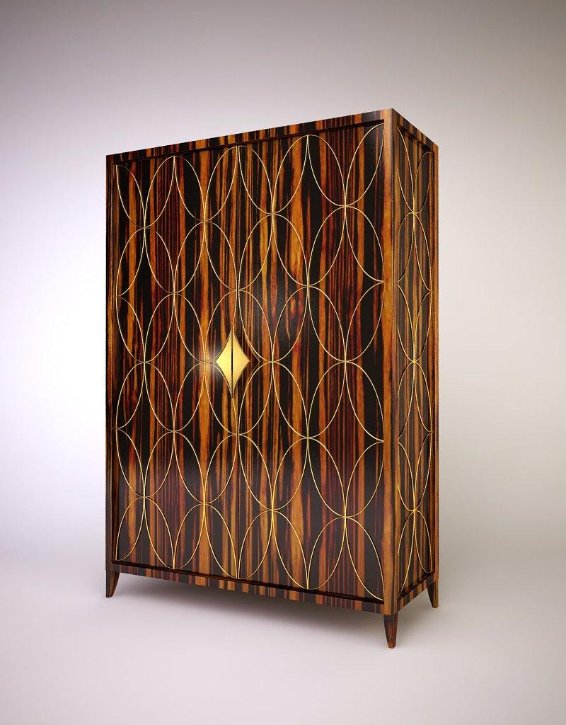 Milan Fashion Cabinet with dark light wood grain and brass oval inlay design