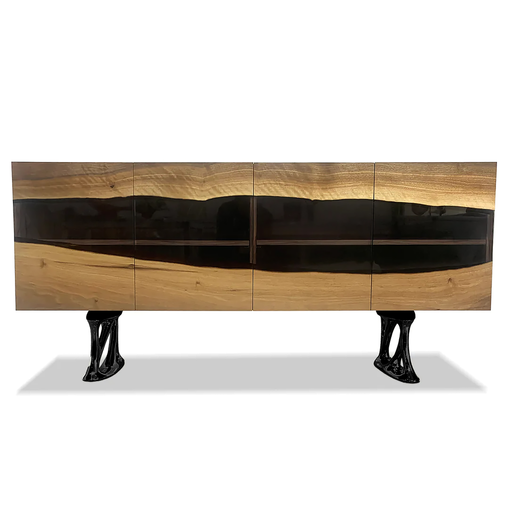 Pheraea Walnut Wood Credenza with black resin river design and ornate black metal legs