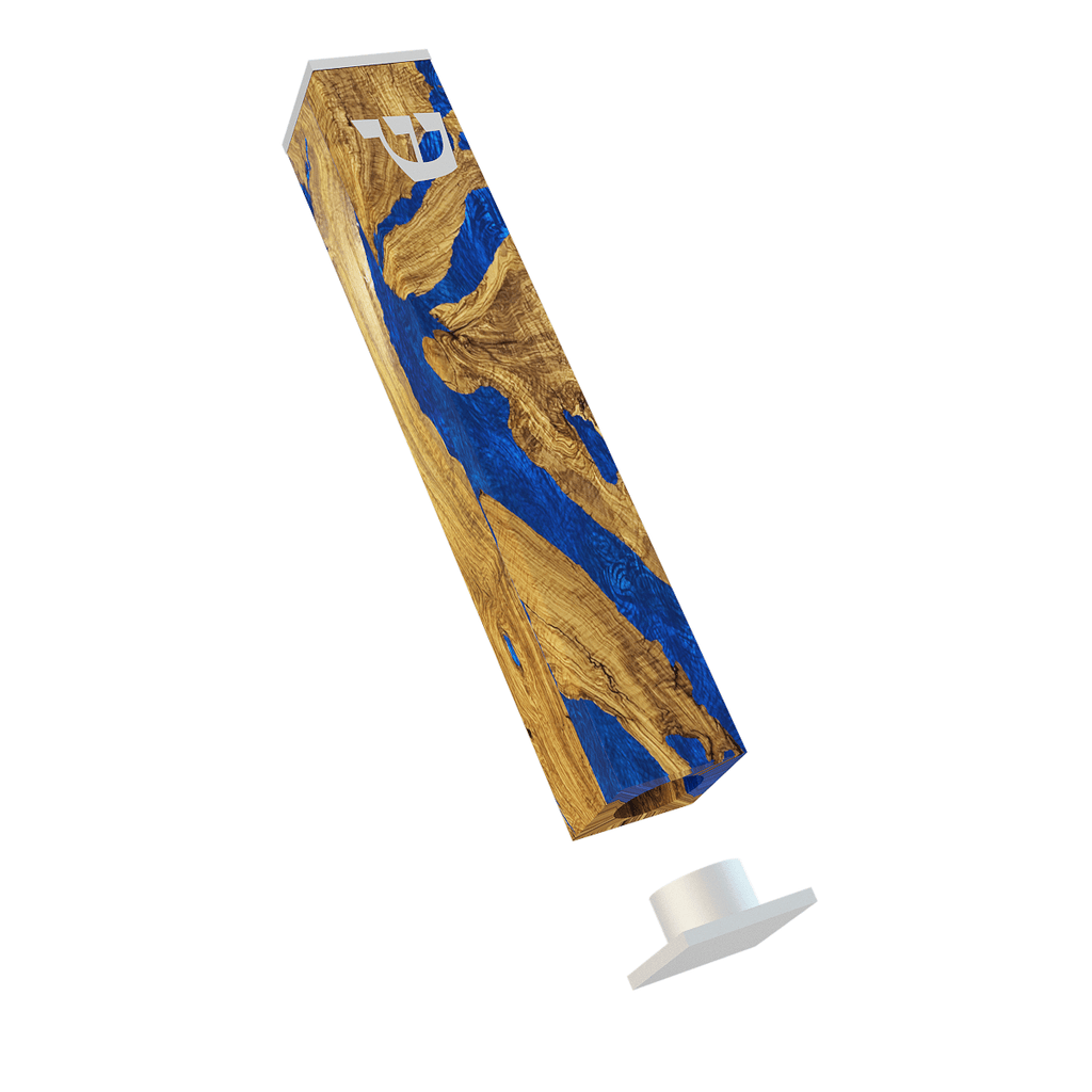 Modern mezuzah wooden case with blue resin accents and removable white cap