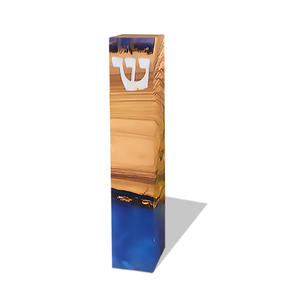 Modern mezuzah made of wood and blue resin for stylish Jewish home decor