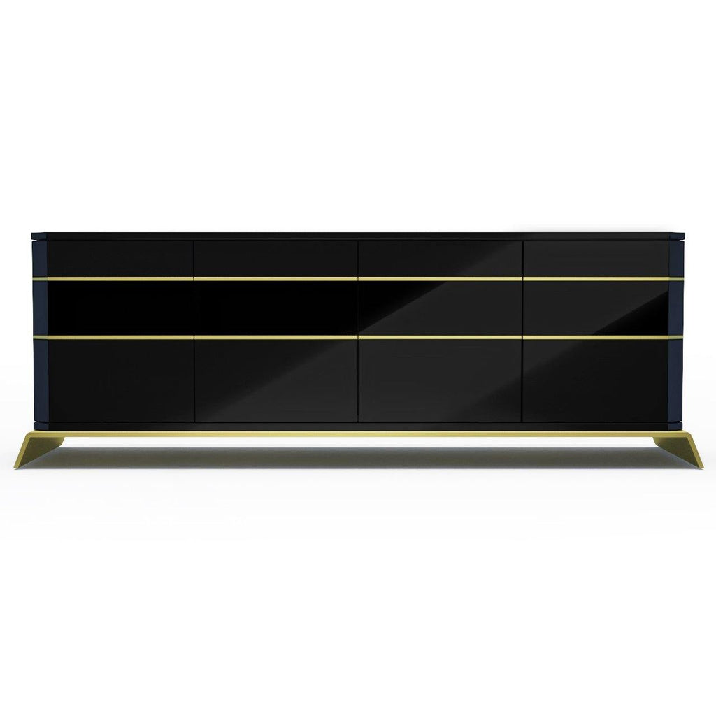 Modern River Credenza with black high-gloss finish, gold trim, and six storage compartments