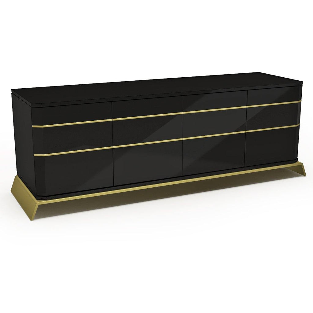 Modern River Credenza in black high-gloss finish with gold accents and matching gold base