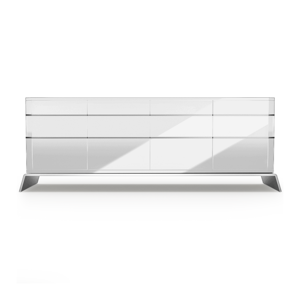 Modern River Credenza with high-gloss white finish and angular metallic bases
