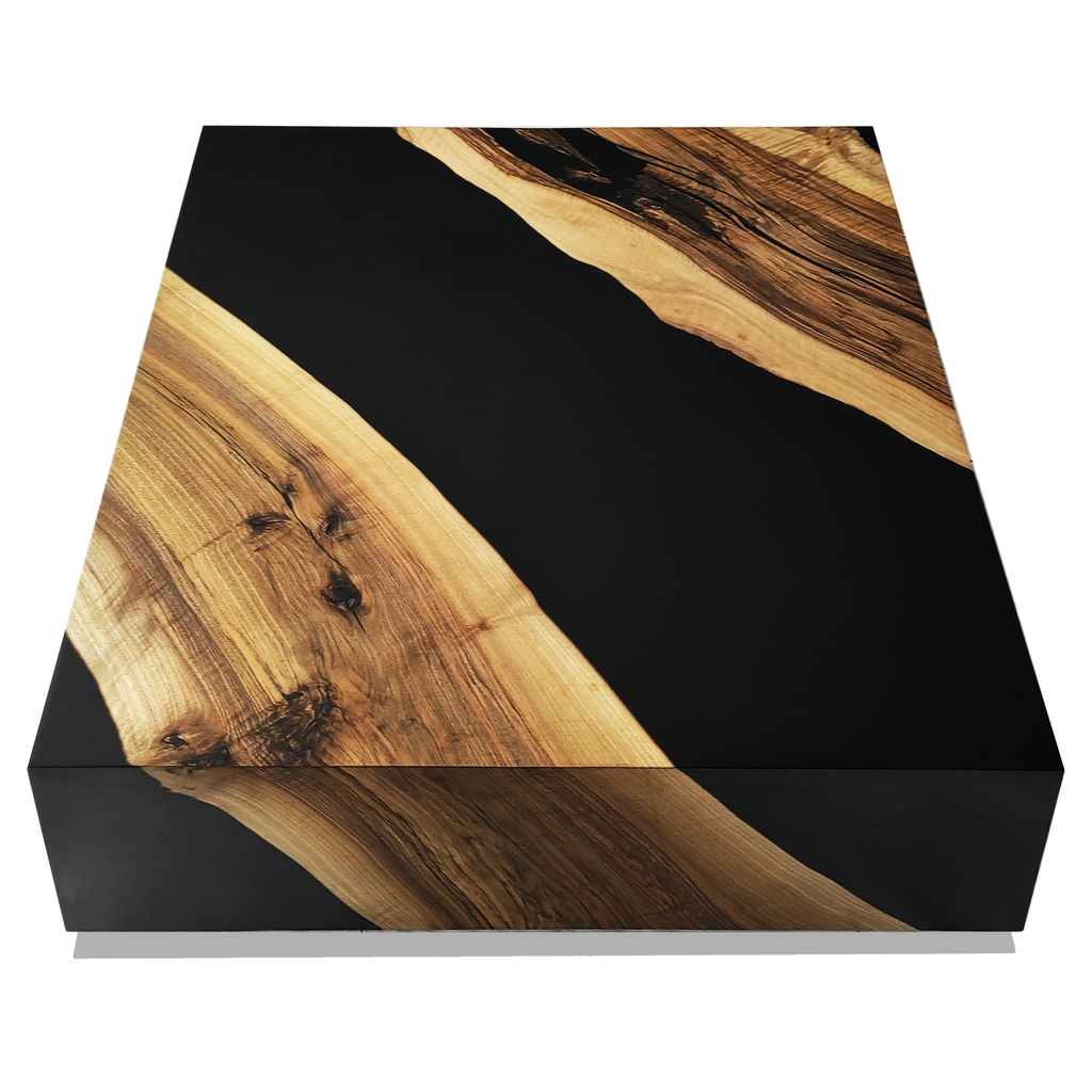Black Monoblock Walnut Coffee Table with natural walnut wood and black epoxy resin W&L