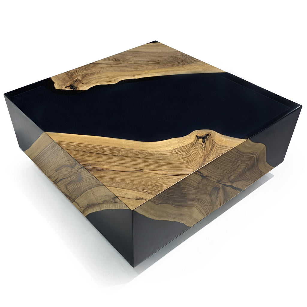 Black Monoblock Walnut Coffee Table with natural wood slabs and resin river design