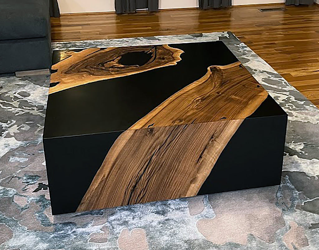 Black Monoblock Walnut Coffee Table with epoxy resin and natural wood slab inserts