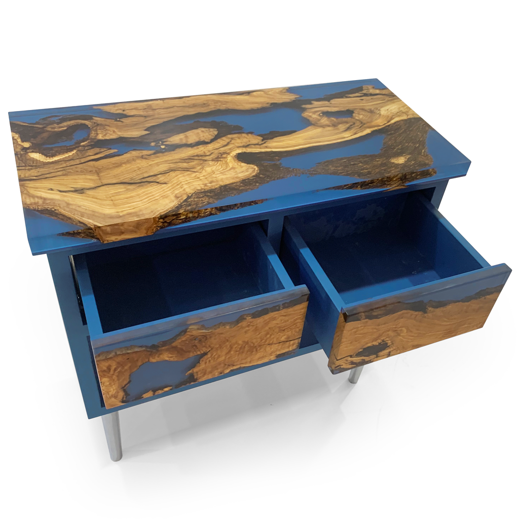Blue and wood epoxy resin Niobe Cabinet with two drawers for stylish storage