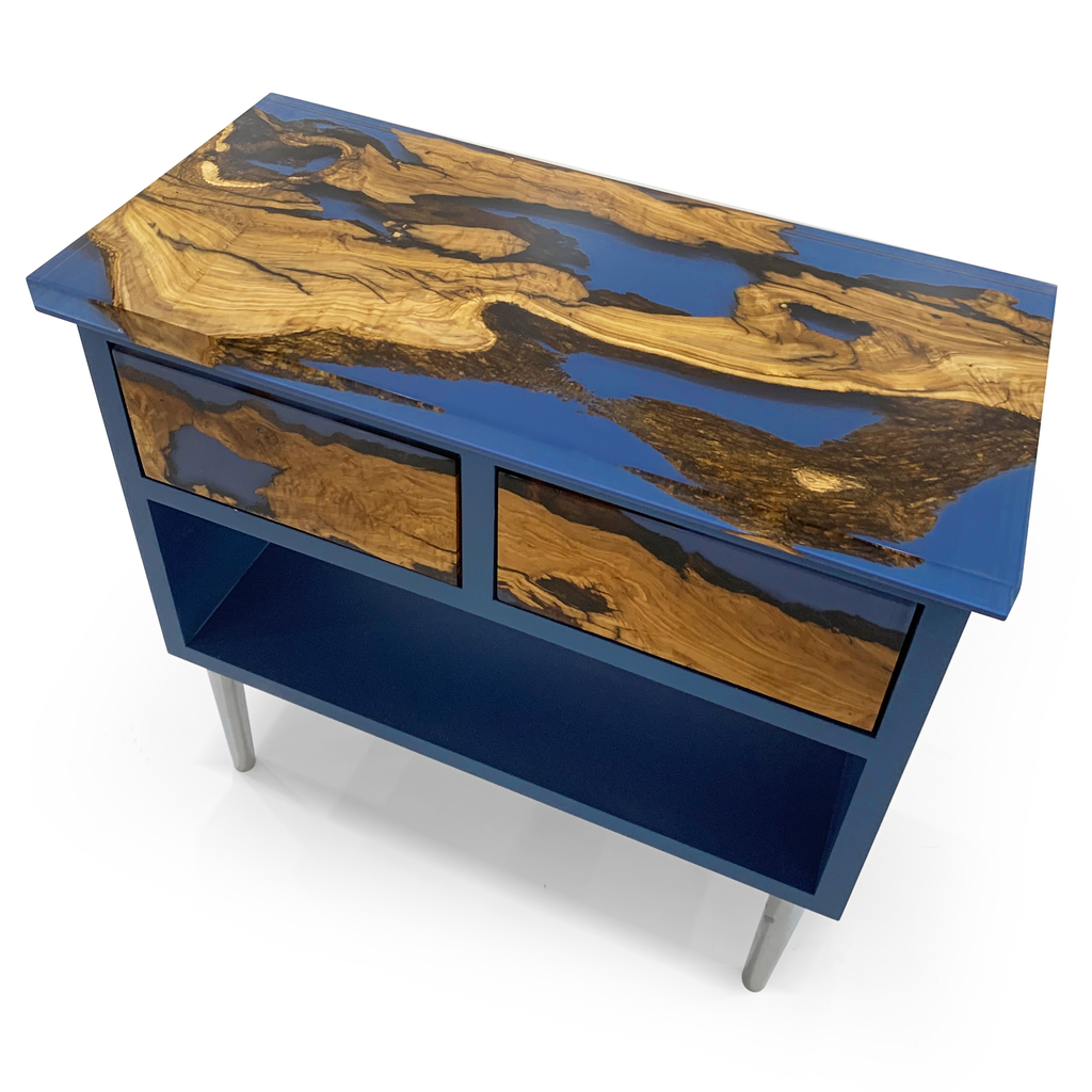 Blue Niobe Cabinet with resin and wood live-edge top and two drawers
