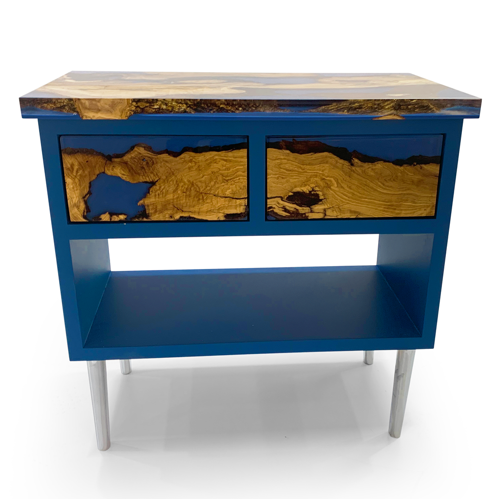 Niobe Cabinet with blue epoxy resin and live-edge wood console table and tapered legs