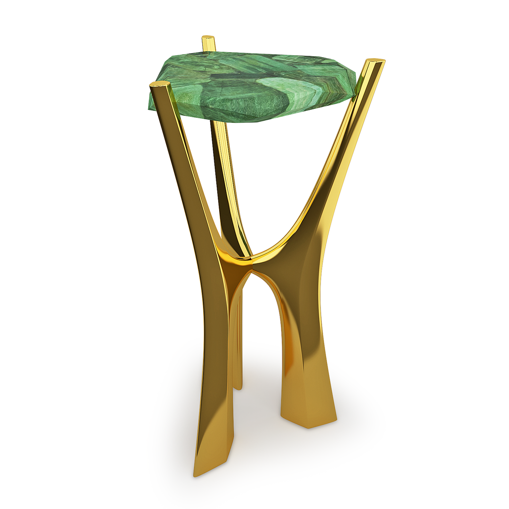 Nisos Side Table with polished gold base and hexagonal malachite top featuring an oval triangle design