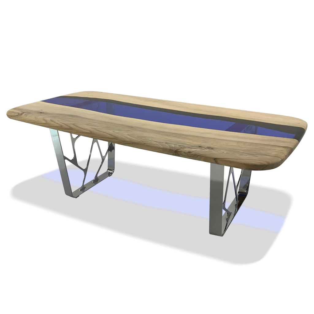 Ombrone Bleached Walnut River Dining Table with blue resin river and metallic legs