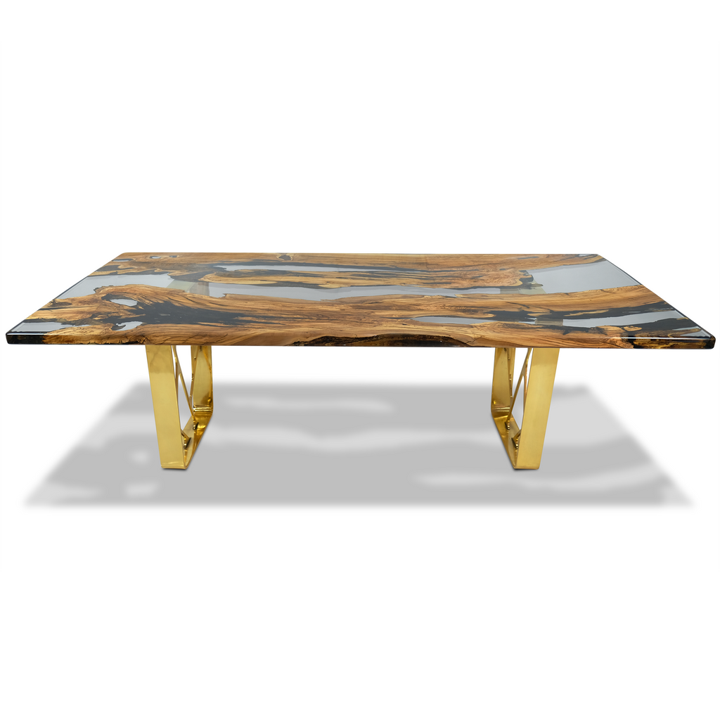 Ombrone Olive Dining Table with live-edge wood resin top and gold metal bases