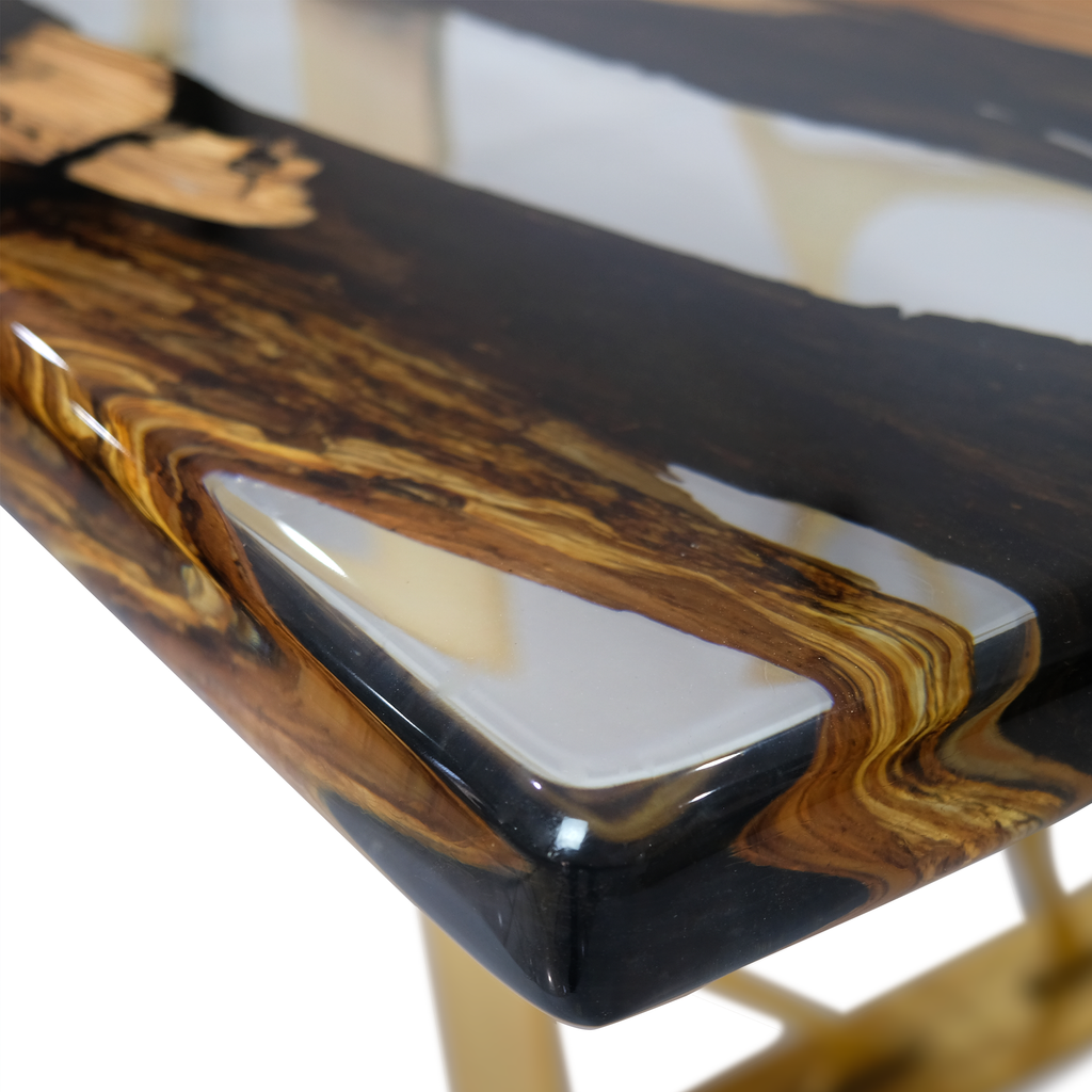 Ombrone Olive Dining Table with modern epoxy resin river design and black brown wood grain