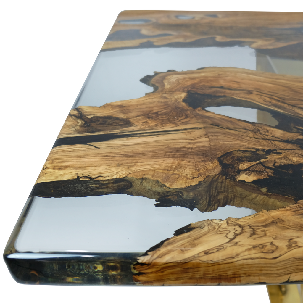 Ombrone Olive Dining Table with live edge olive wood and clear epoxy resin top