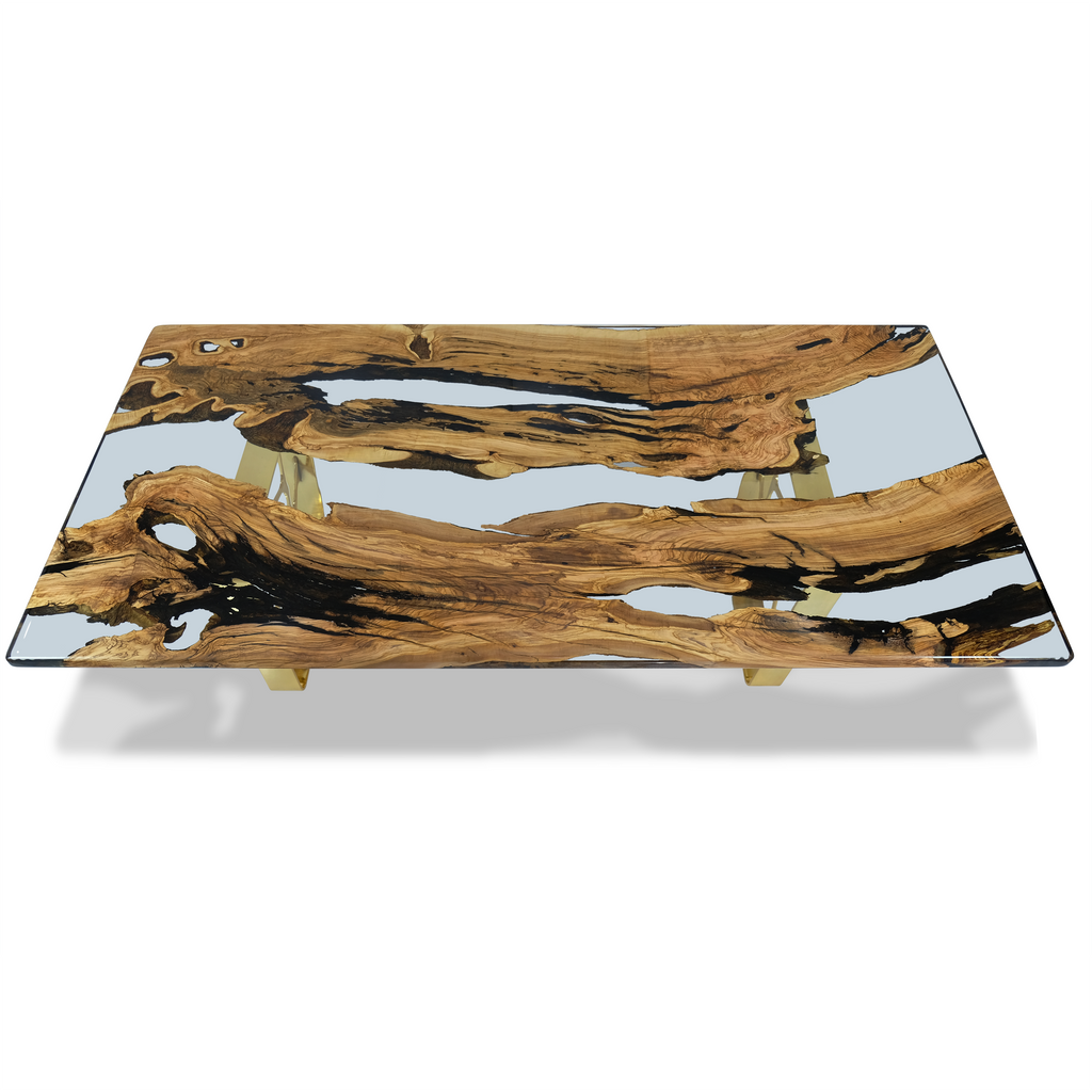 Ombrone Olive Dining Table with natural wood and clear resin top and gold legs
