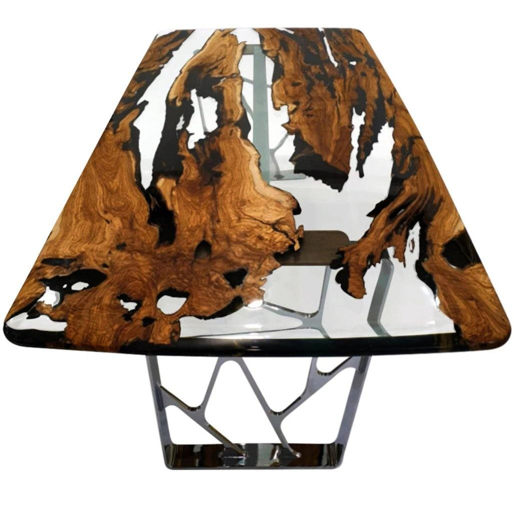 Ombrone Olive Dining Table with live-edge wood top and polished metal base