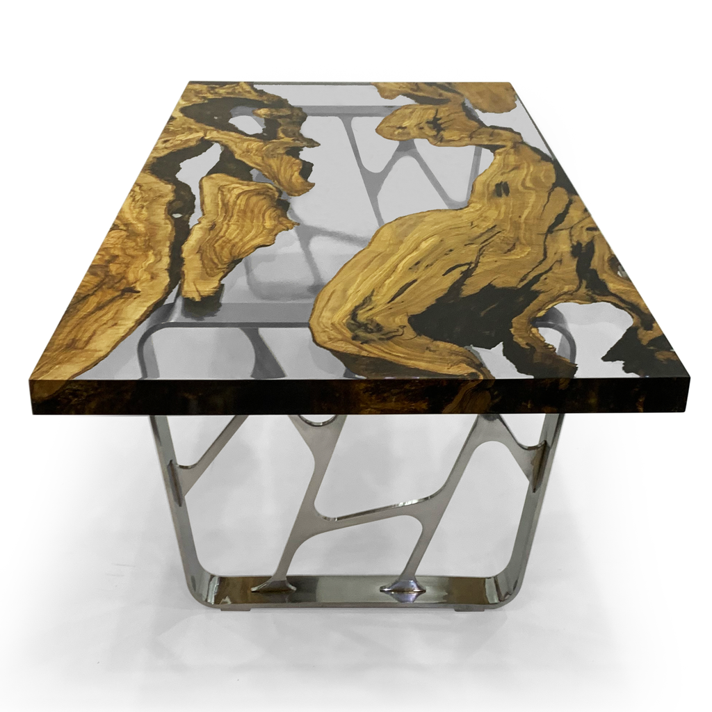 Ombrone Olive Wood Coffee Table with rectangular wood and clear resin top and unique metal base